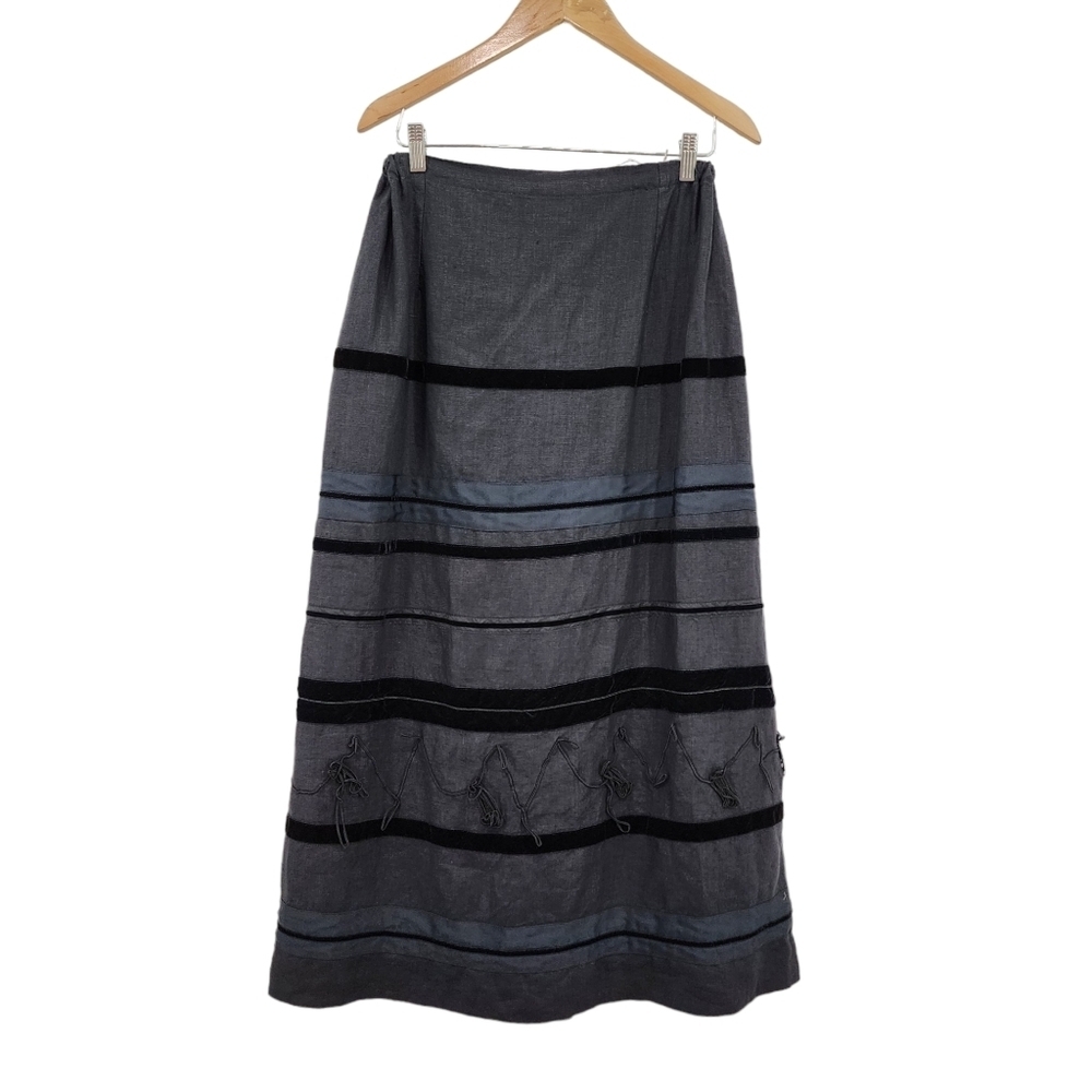Krista Larson Women's Vintage 100% Linen Stripes Applique Maxi Skirt - OS